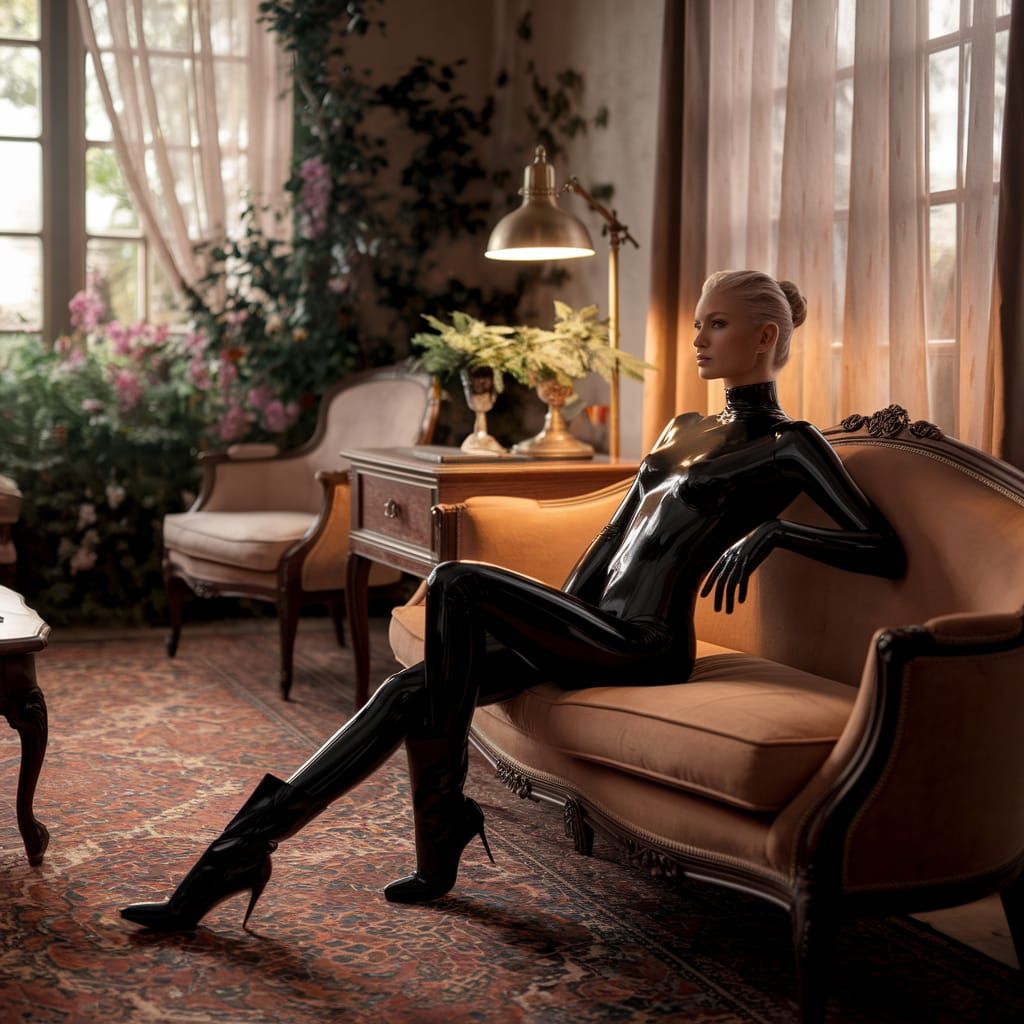 Woman in Latex Bodysuit on Velvet Couch