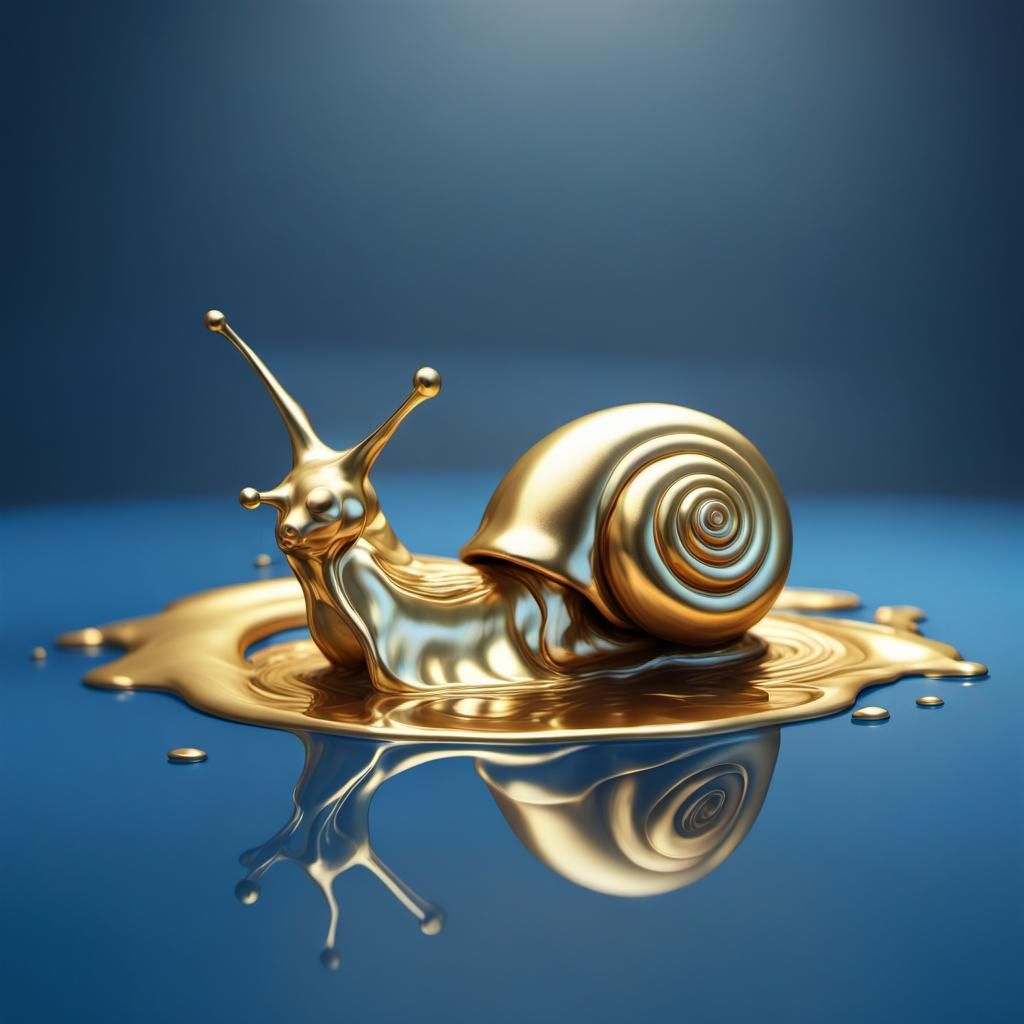 Melting Golden Snail Sculpture in Splash Art Style