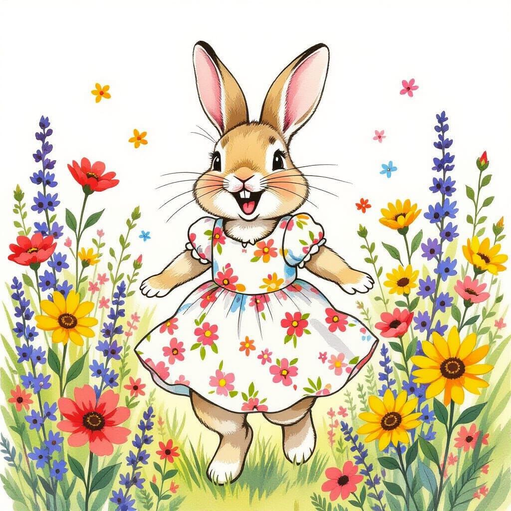 Laughing Bunny in Floral Dress, Watercolor Style