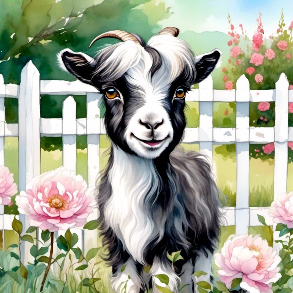 Pretty Pygmy Goat in Watercolor Garden