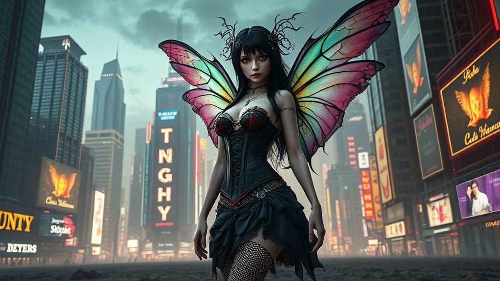 Gothic Cyberpunk Fairy in Steampunk Art Nouveau Style