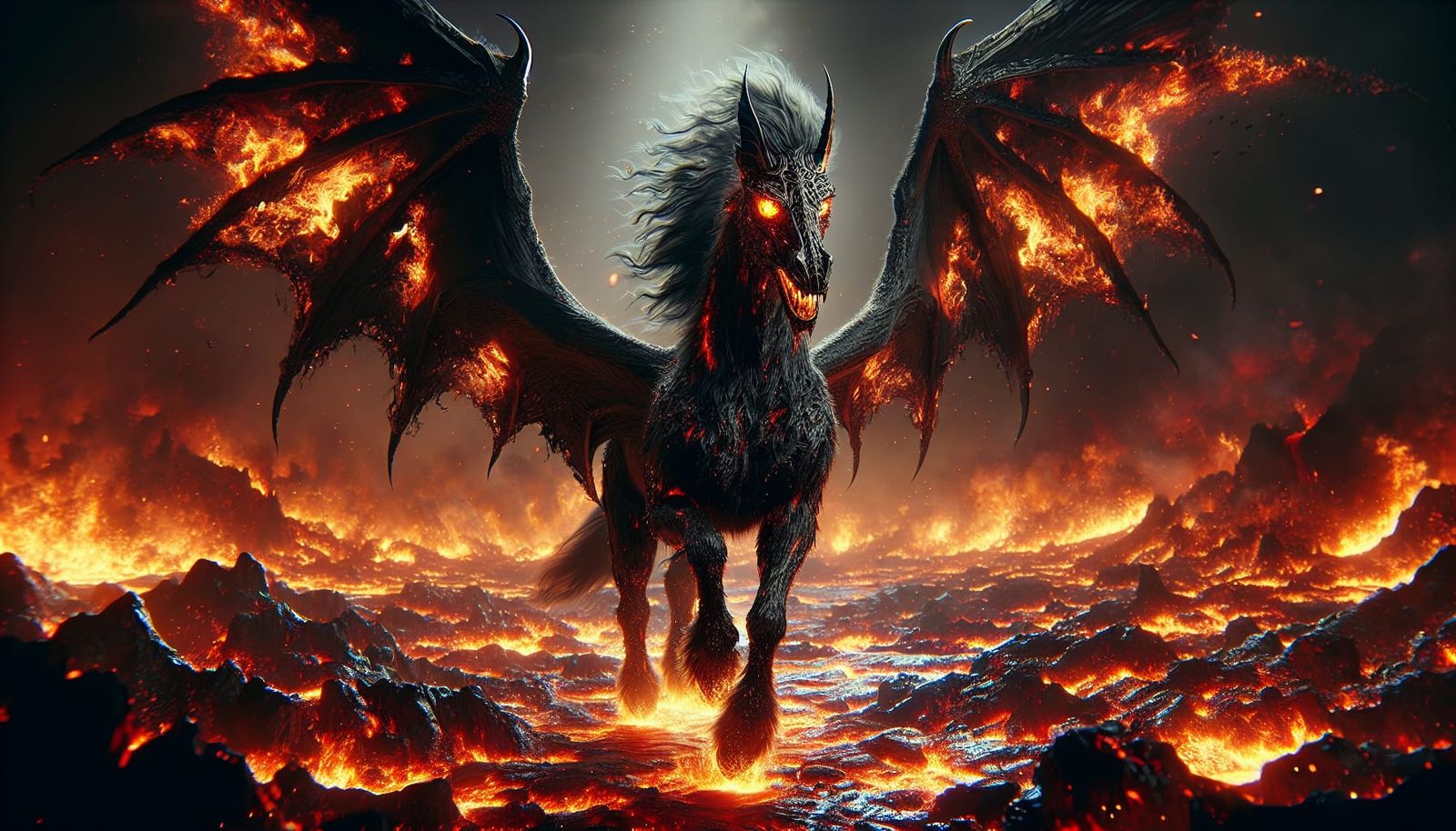 A frightening mysterious demon horse with large wings reminiscent of a bat and with black fiery fur and flaming eyes as ...