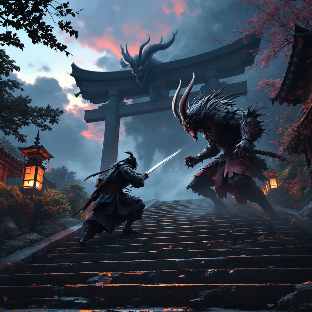 Samurai vs Demon Battle at Dusk