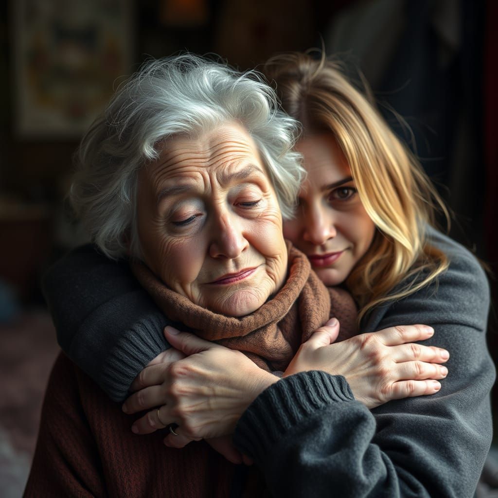 Tightly Embracing Elder and Young Women in Warm and Casual A...