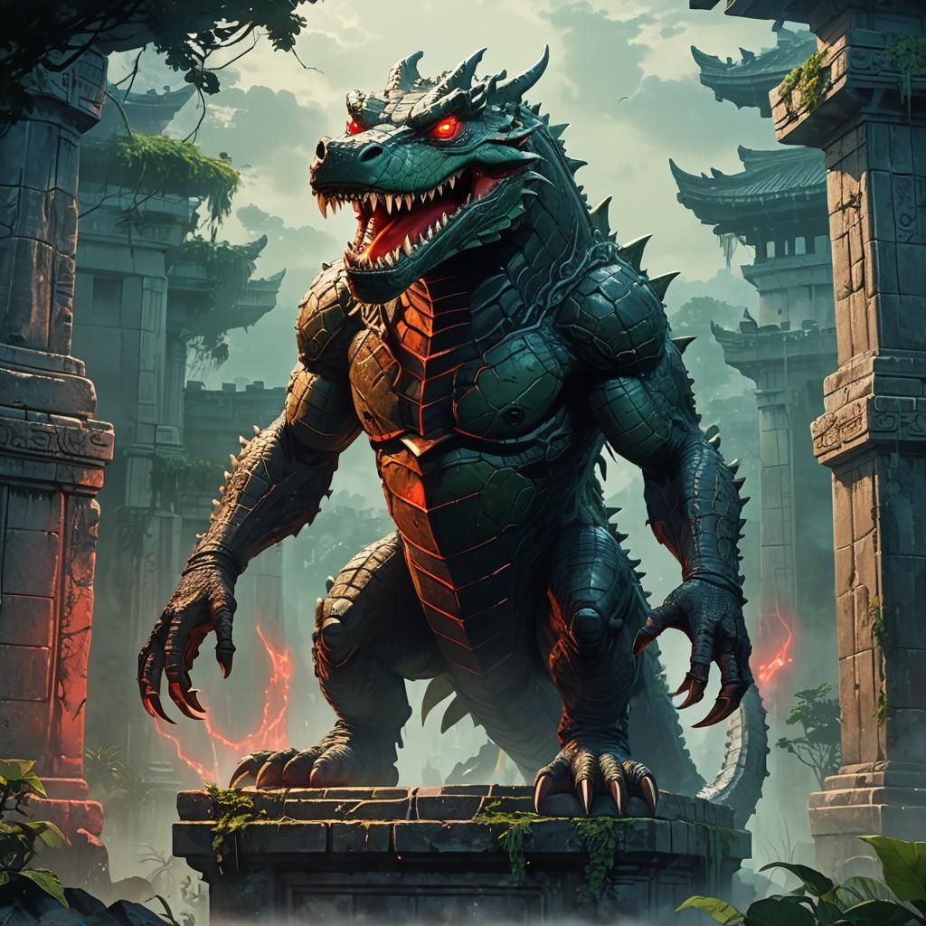 Crocodile Demon on Ancient Temple Pedestal in Anime Style