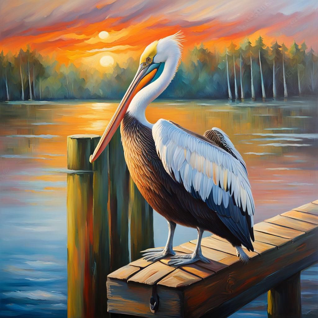 Majestic Pelican Perched on Pier as Oil Painting