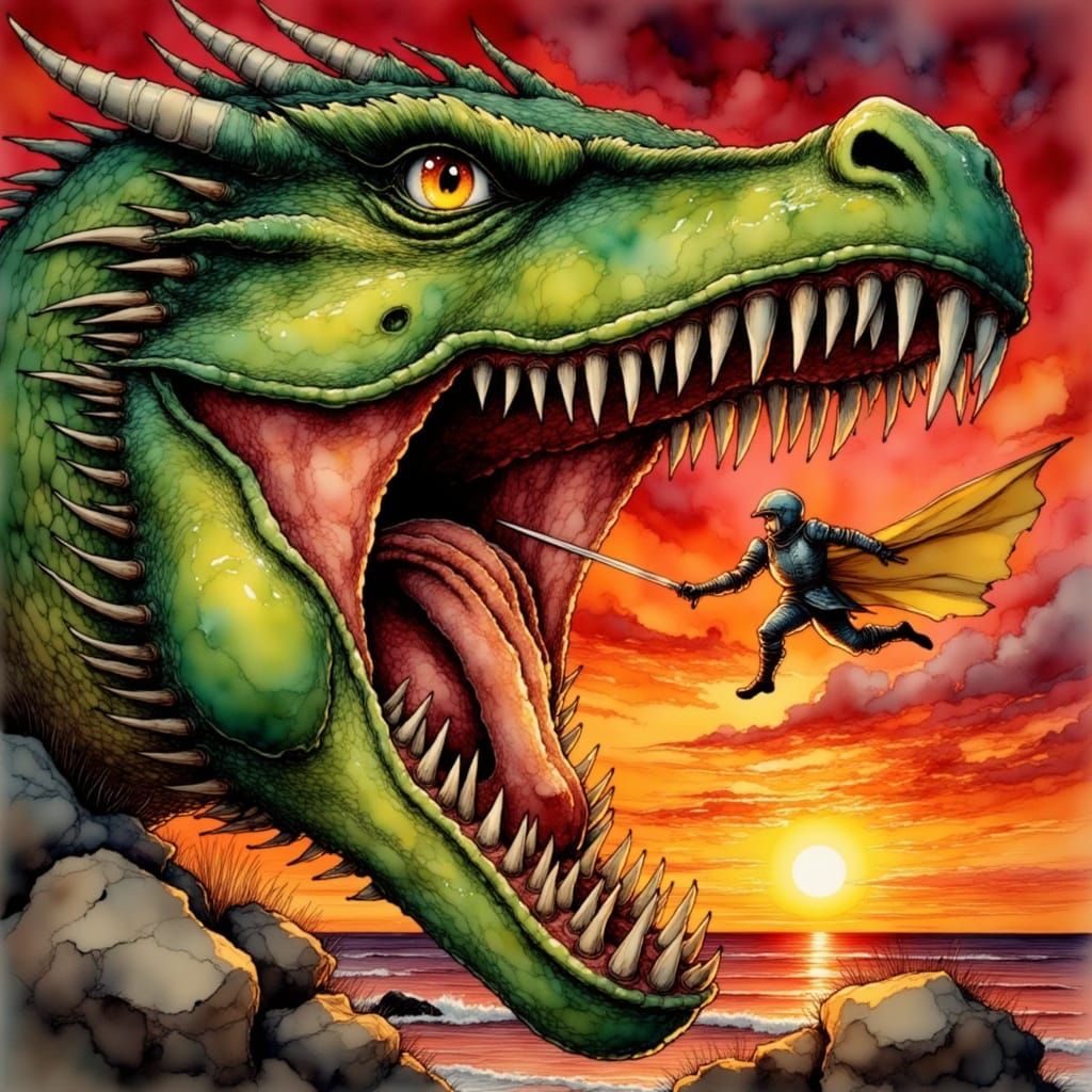 Dragon Devours Knight in Vibrant Sunset Watercolor