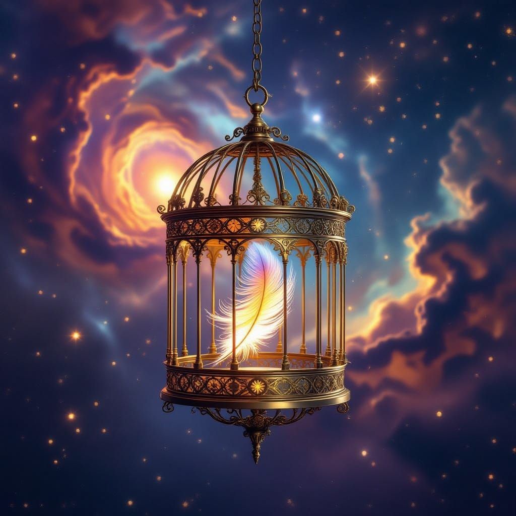 Ornate Brass Birdcage in Cosmic Nebula