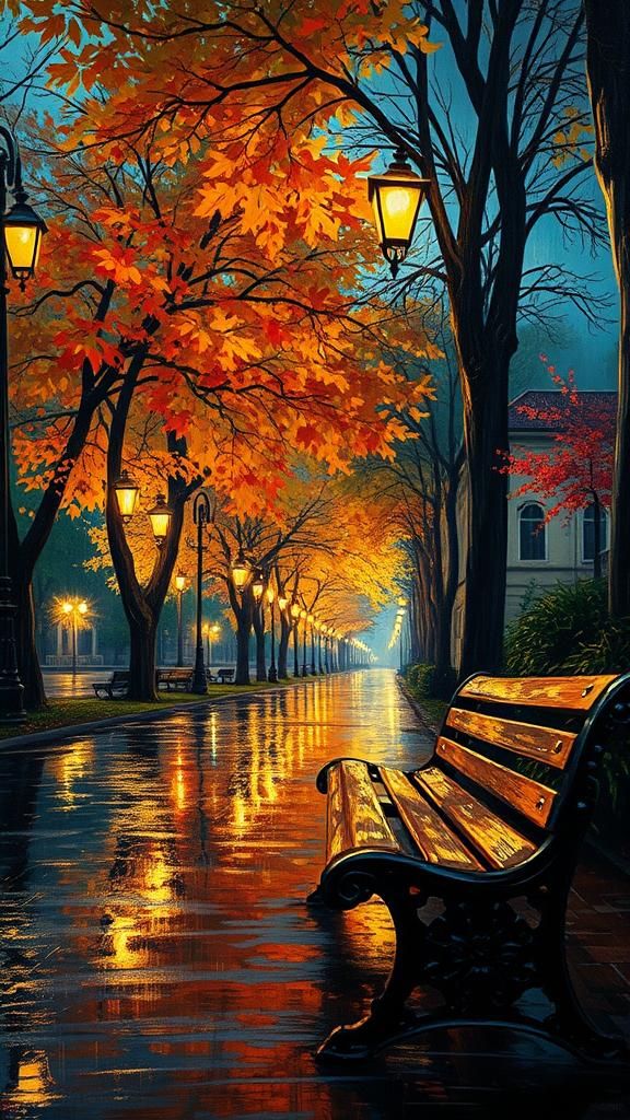 Rainy Night in Park: Neo-Impressionist Autumn Scene