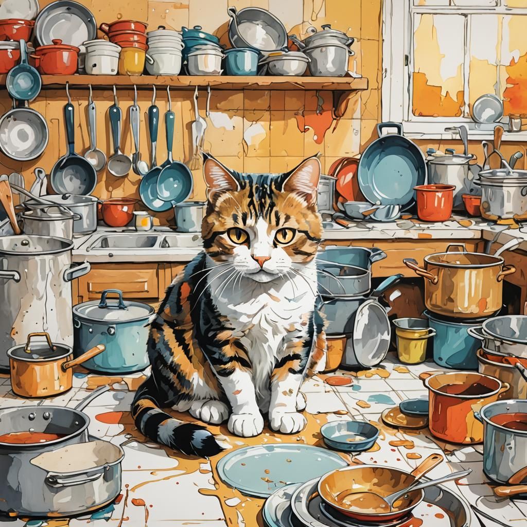 Realistic Cat in Messy Kitchen: Line Art Illustration