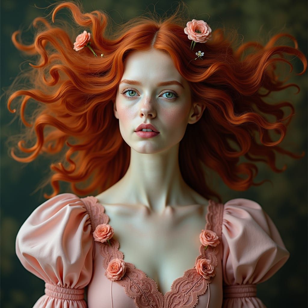 Ethereal Pre-Raphaelite Woman with Red Hair