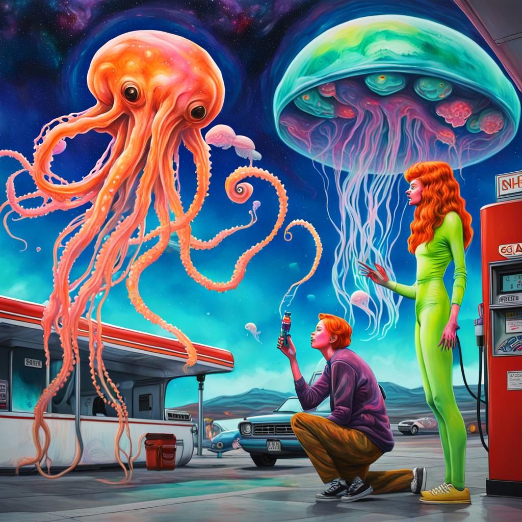 Alien Gas Station Graffiti Art with Cosmic Nymph