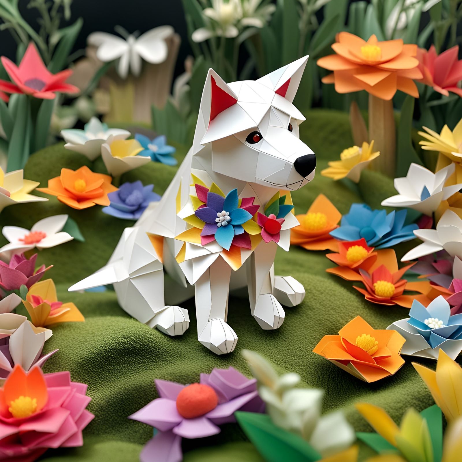 Husky Haven: Origami Puppy in Lush Garden 🦋☀️🐾🌼