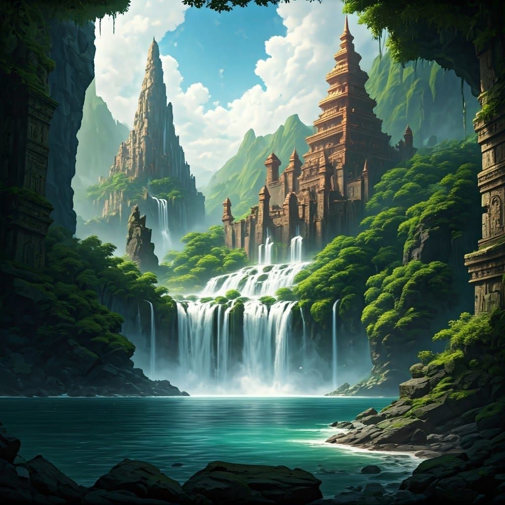 Lush Jungle Temple City with Waterfalls