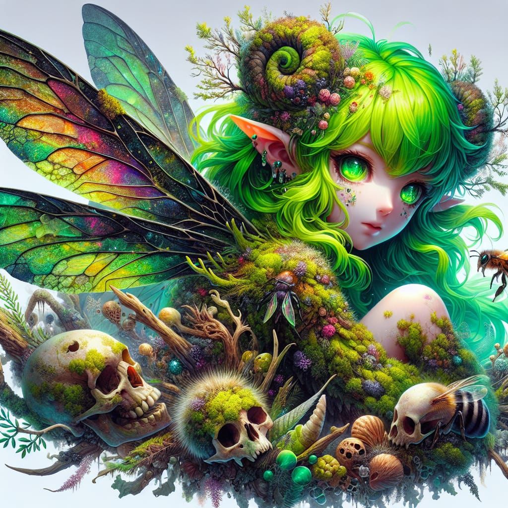 Anime Fairy with Moss and Wings