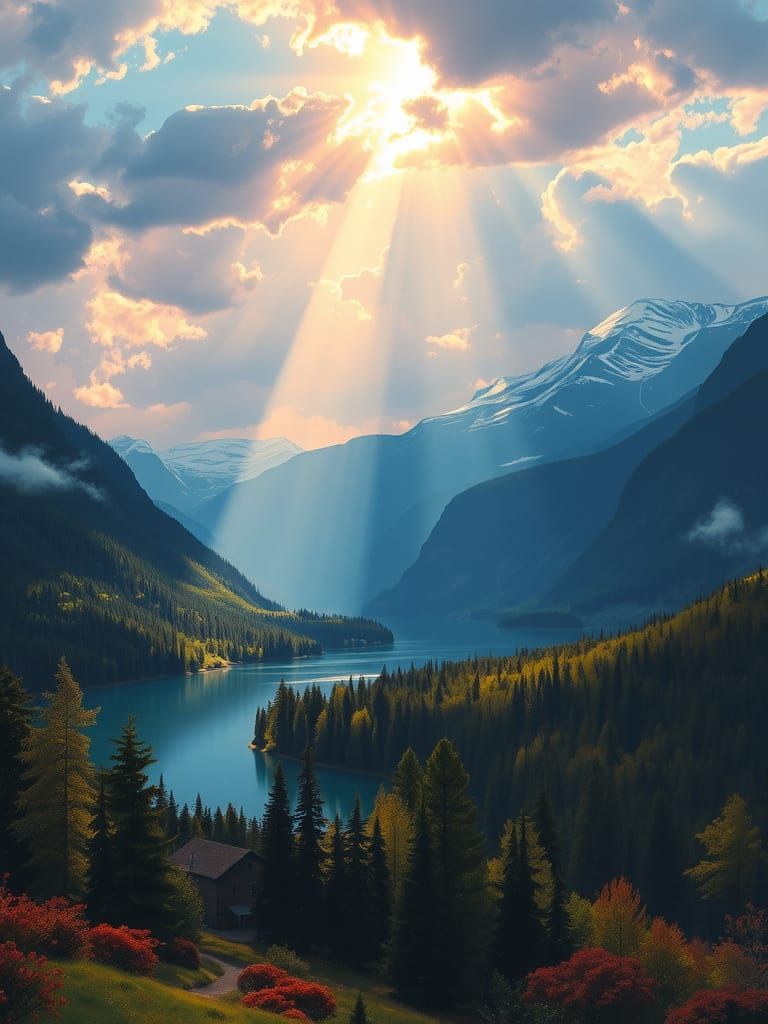 Dramatic Romantic Landscape with Lake and Mountains