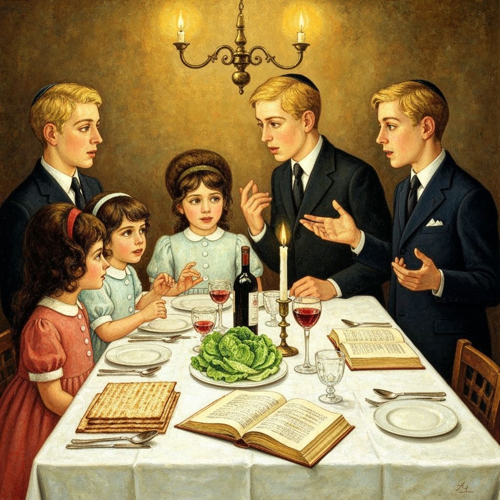 Festive Seder Table Scene in Naive Art Style