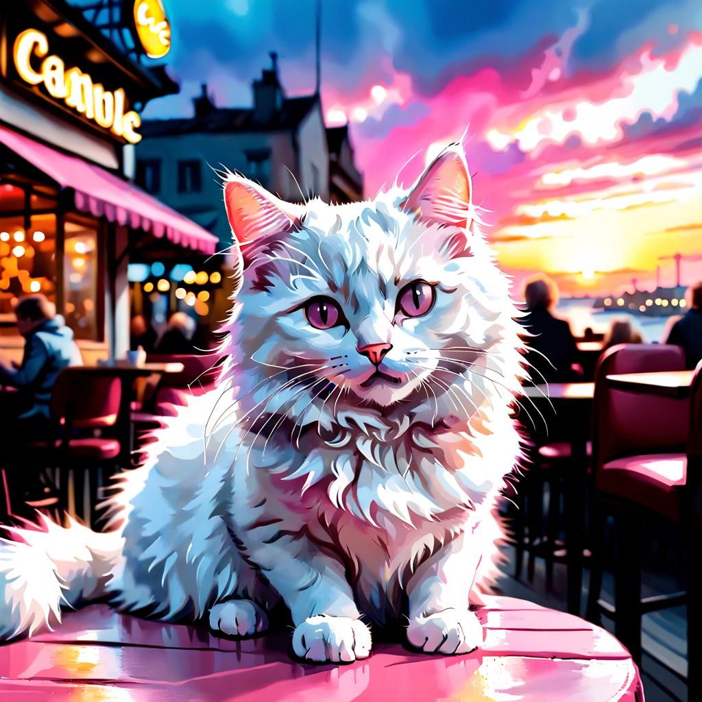 Fluffy White Cat in Sunset Watercolour Illustration