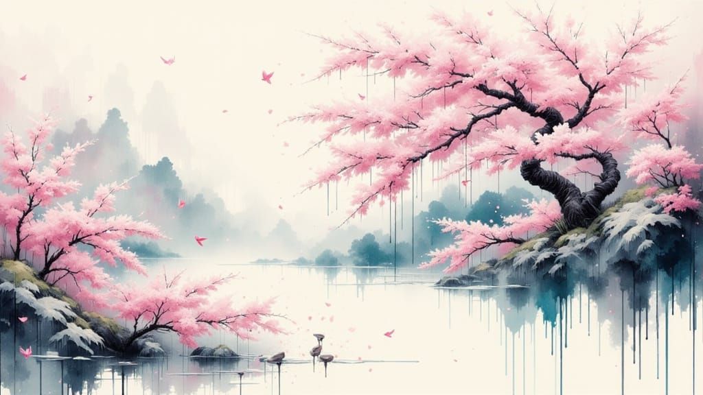 Dreamy Japanese Landscape with Dripping Ink and Pastel Hues