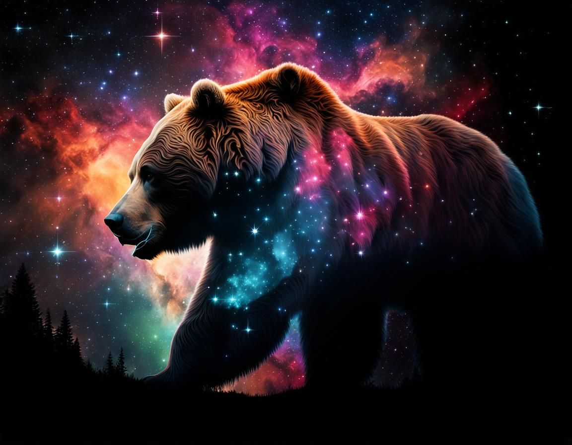 Kodiak Bear Silhouette with Nebula in Surreal Style