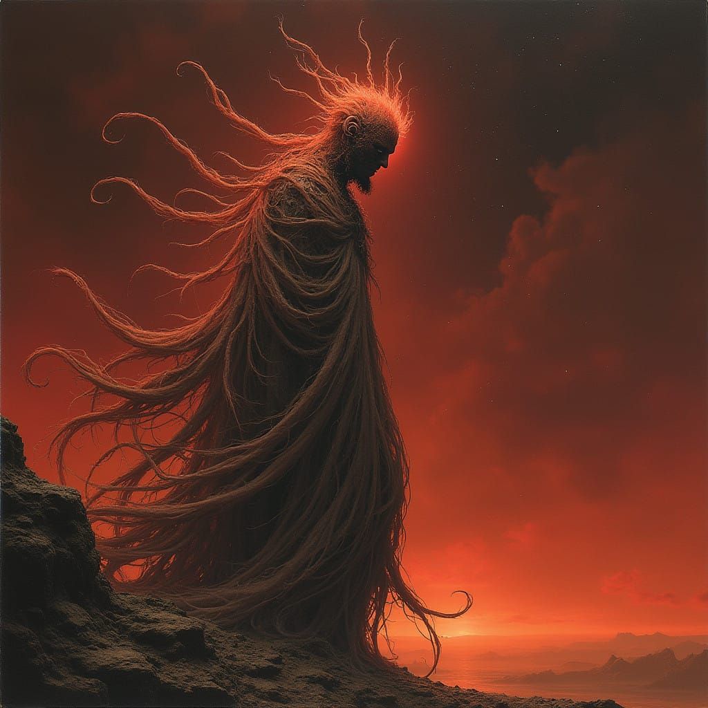 Ethereal God Descends into Haunting Crimson Landscape