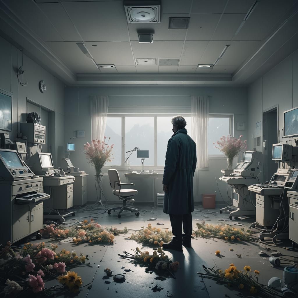 Grieving Figure in Desolate Hospital Room