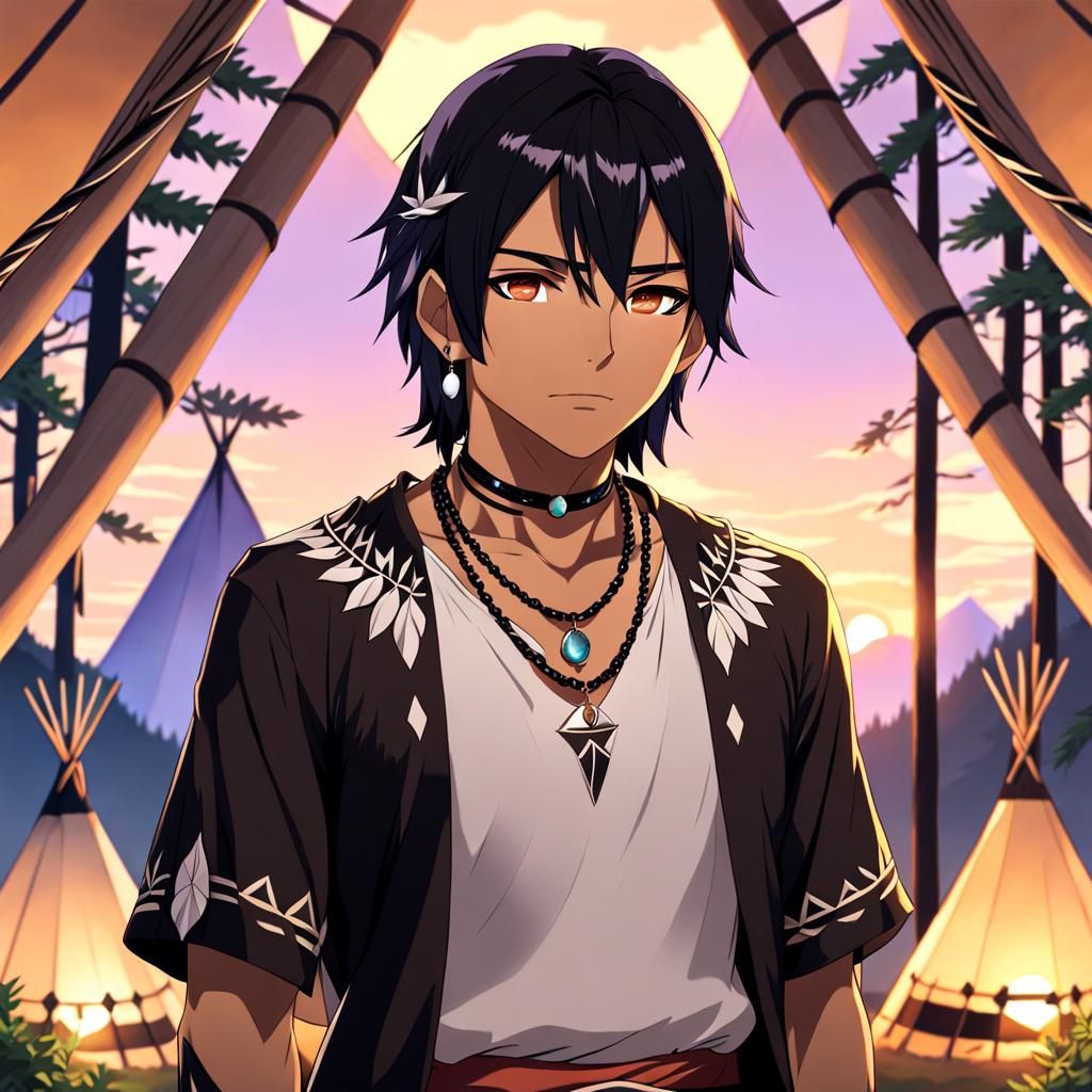 Handsome Native American Man in Anime Style