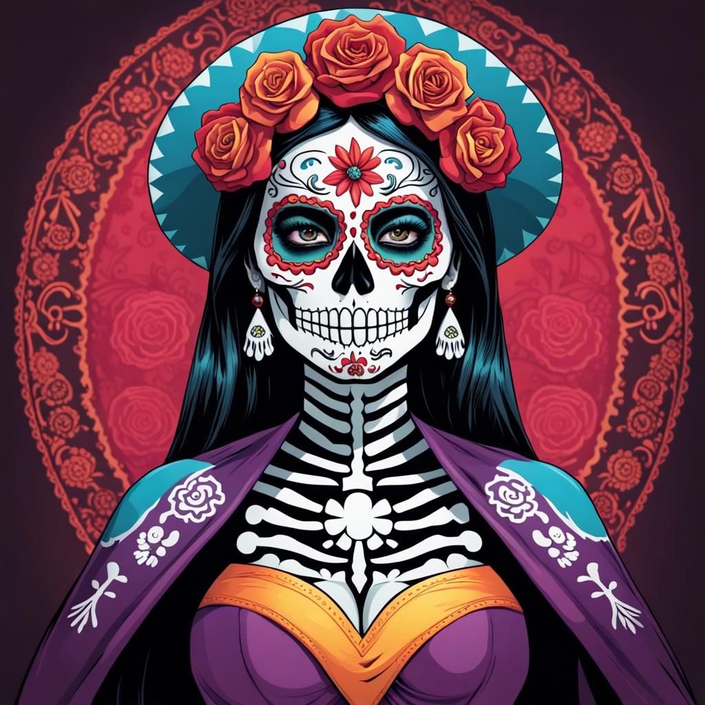 La Catrina, The spirit of Muerte, embodied as Sugar Skull  a...