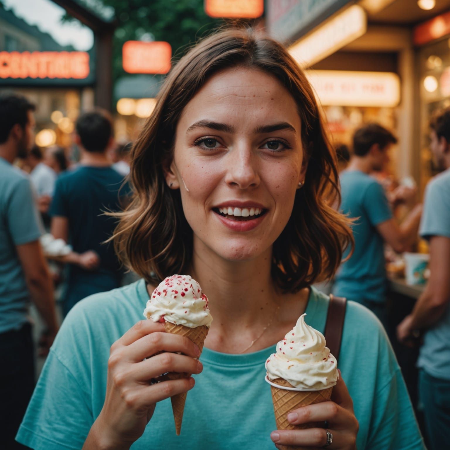 Woman Enjoys Ice Cream in Cinematic Film Still