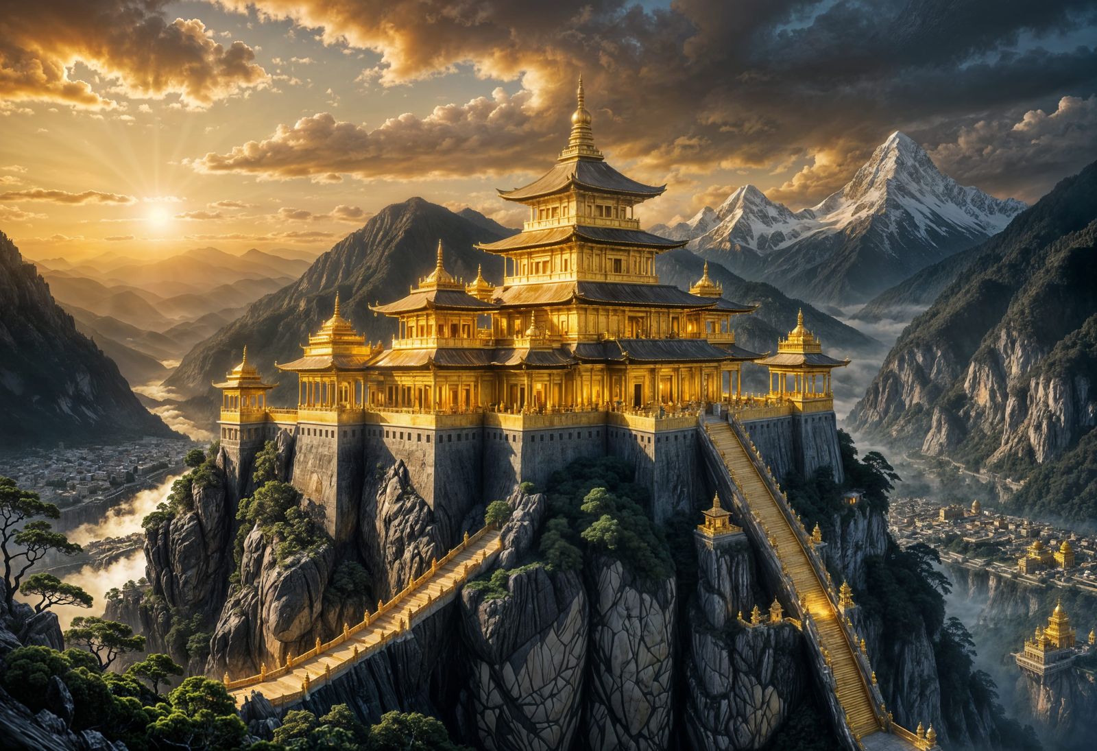 Golden Temple on Misty Mountain at Dawn