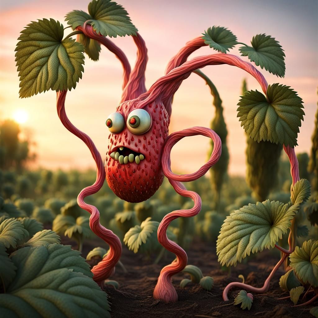 Strawberry Monster in Surrealist Garden at Sunrise