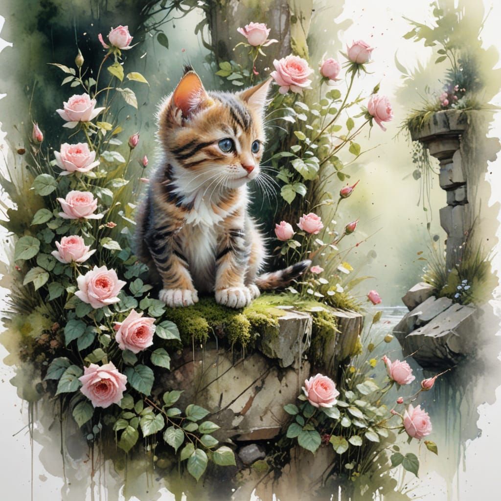 Kitten's Wonder: Cottage Garden in Watercolour Style