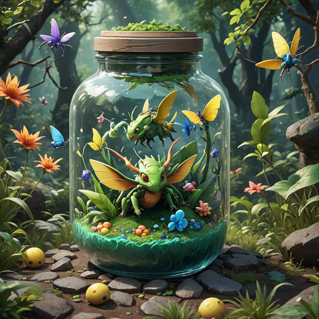 Scyther Pokemon in a Jar: Detailed Matte Painting