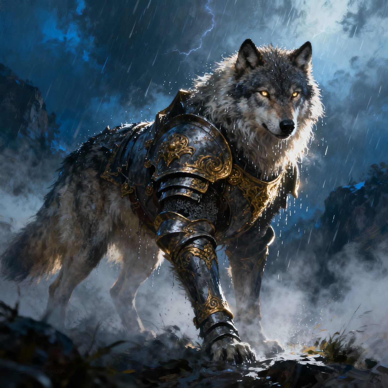 Armored Wolf in Stormy Fog: Hyperrealistic Digital Painting