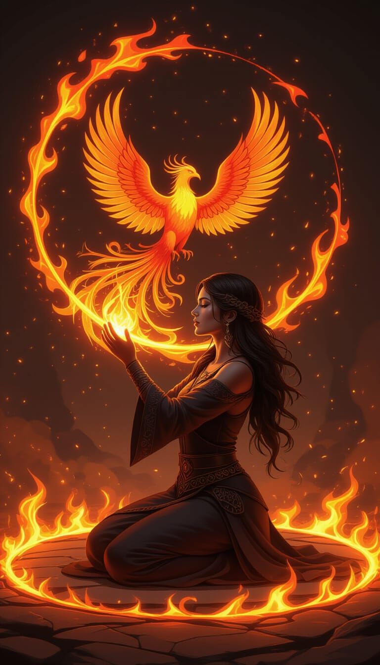 Sorceress Conjures Phoenix in Circle of Fire