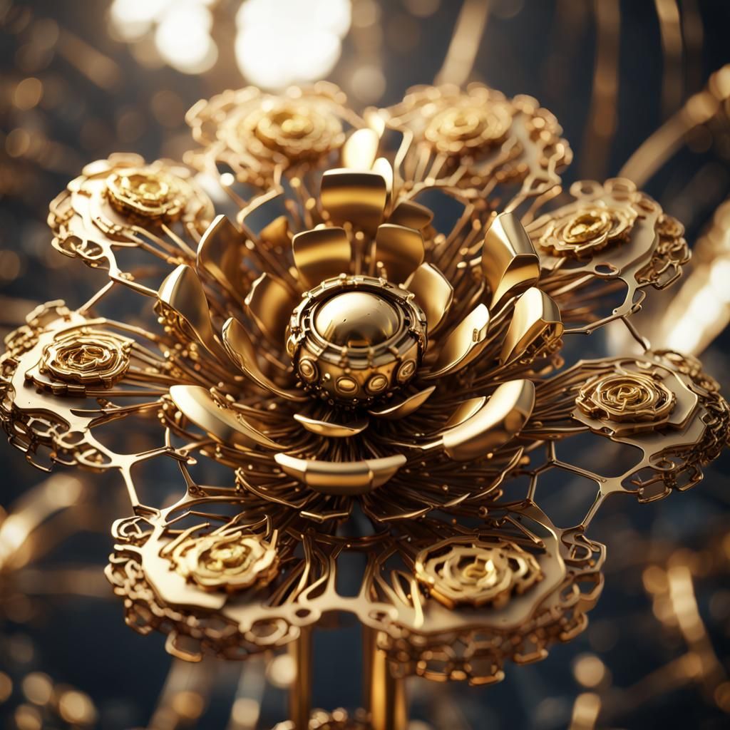 Metallic Golden Flower on Cloud in Sci-Fi Style