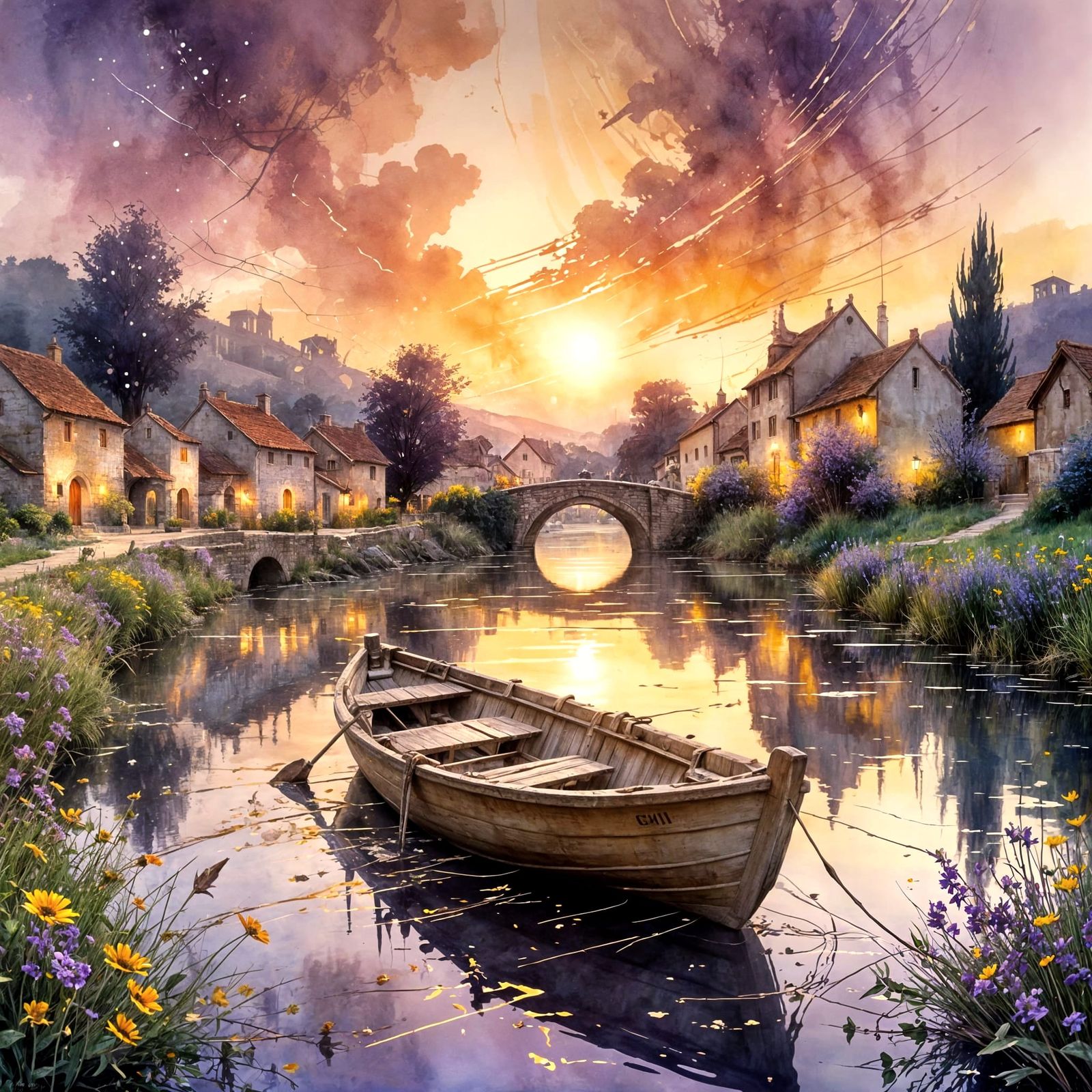 Amber River at Sundown: Dreamlike Watercolor Village