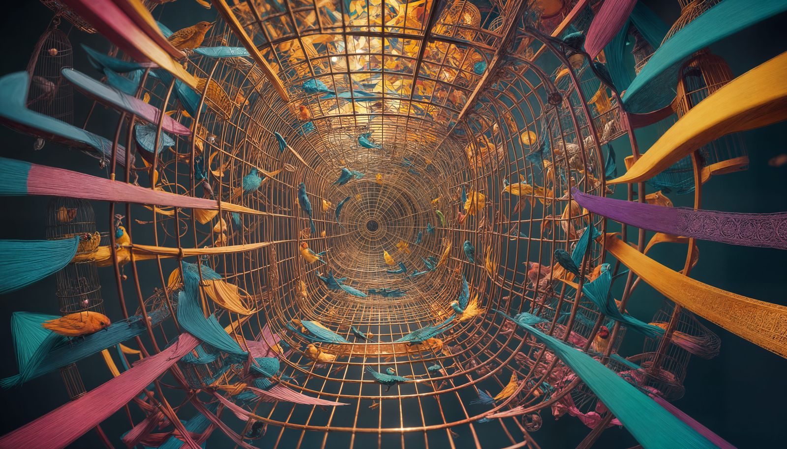 Surreal Birdcage in Void with Exploding Abstract Shapes