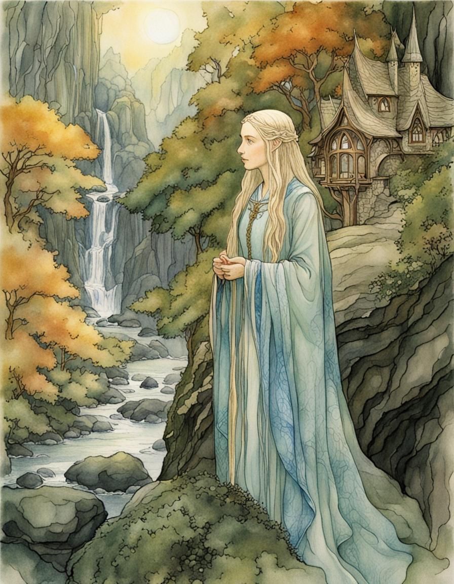 Galadriel Overlooks Rivendell in Alcohol Ink Style
