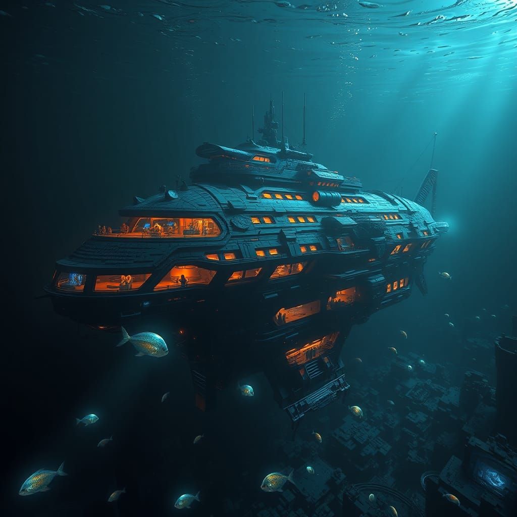 Underwater Spaceship City with Bioluminescent Life