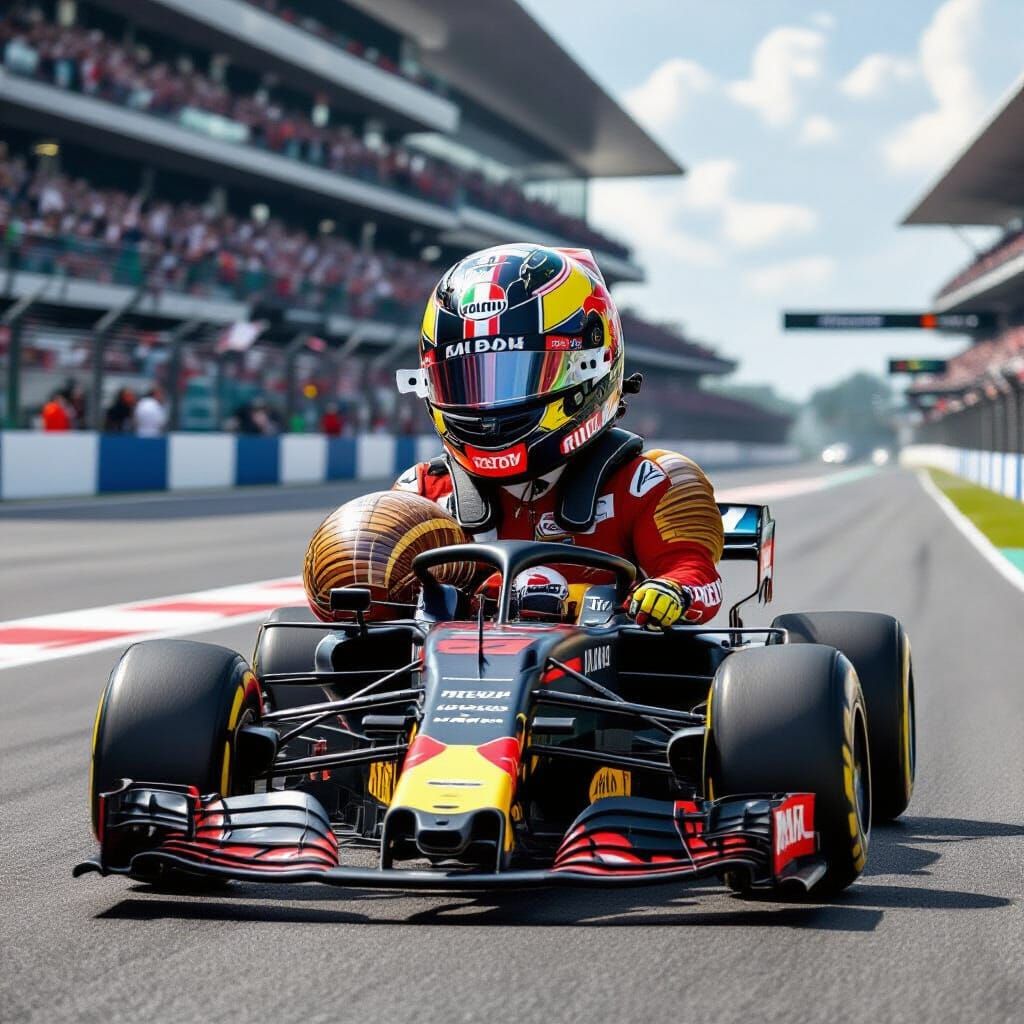 Snail on F1 Wheels with Motorcycle Helmet