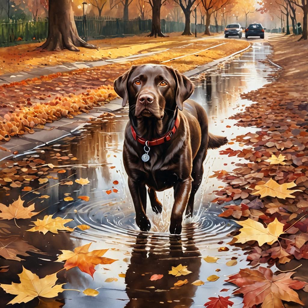 Labrador Retriever Playing in Autumn Puddles: Watercolor