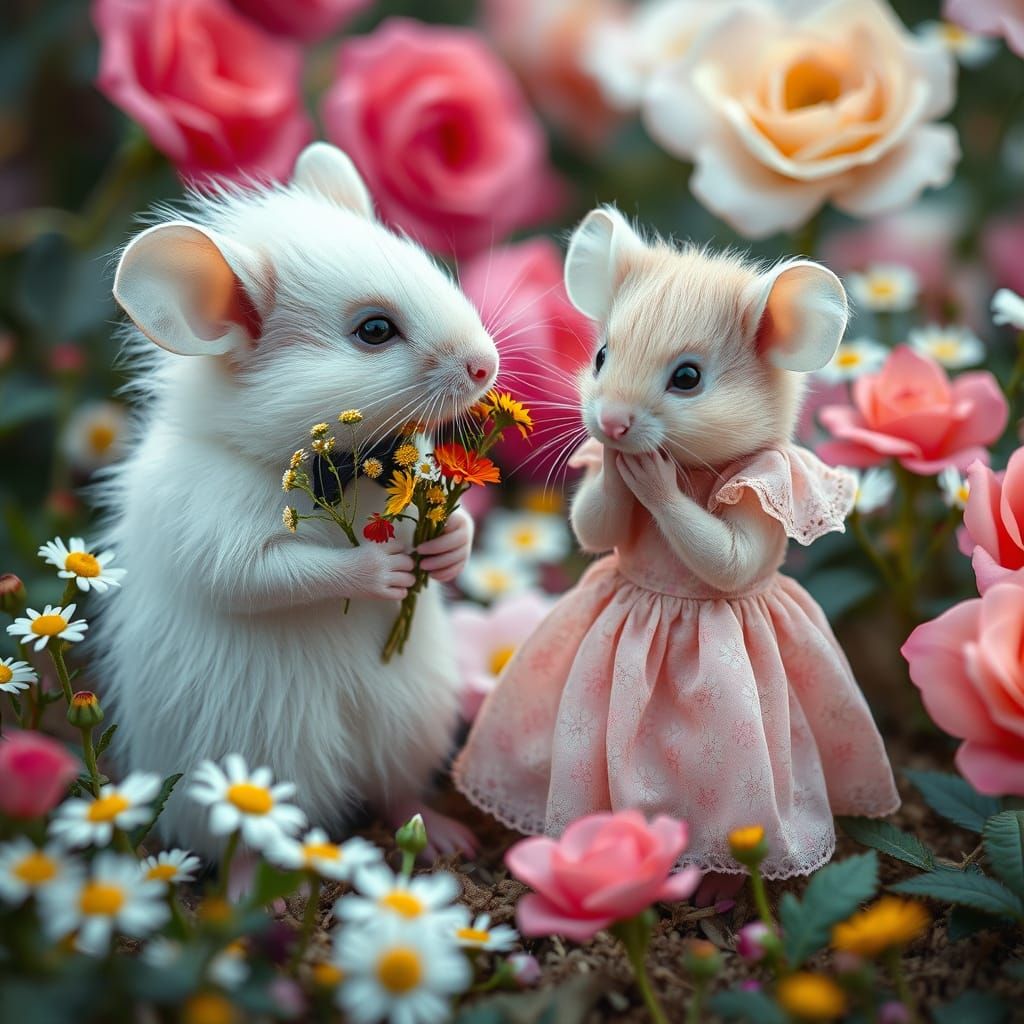 Fluffy Mice Courtship in a Whimsical Garden