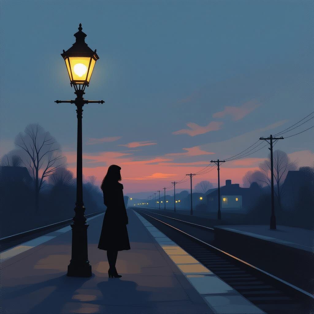 Woman on Train Platform at Dusk in Tonalist Style