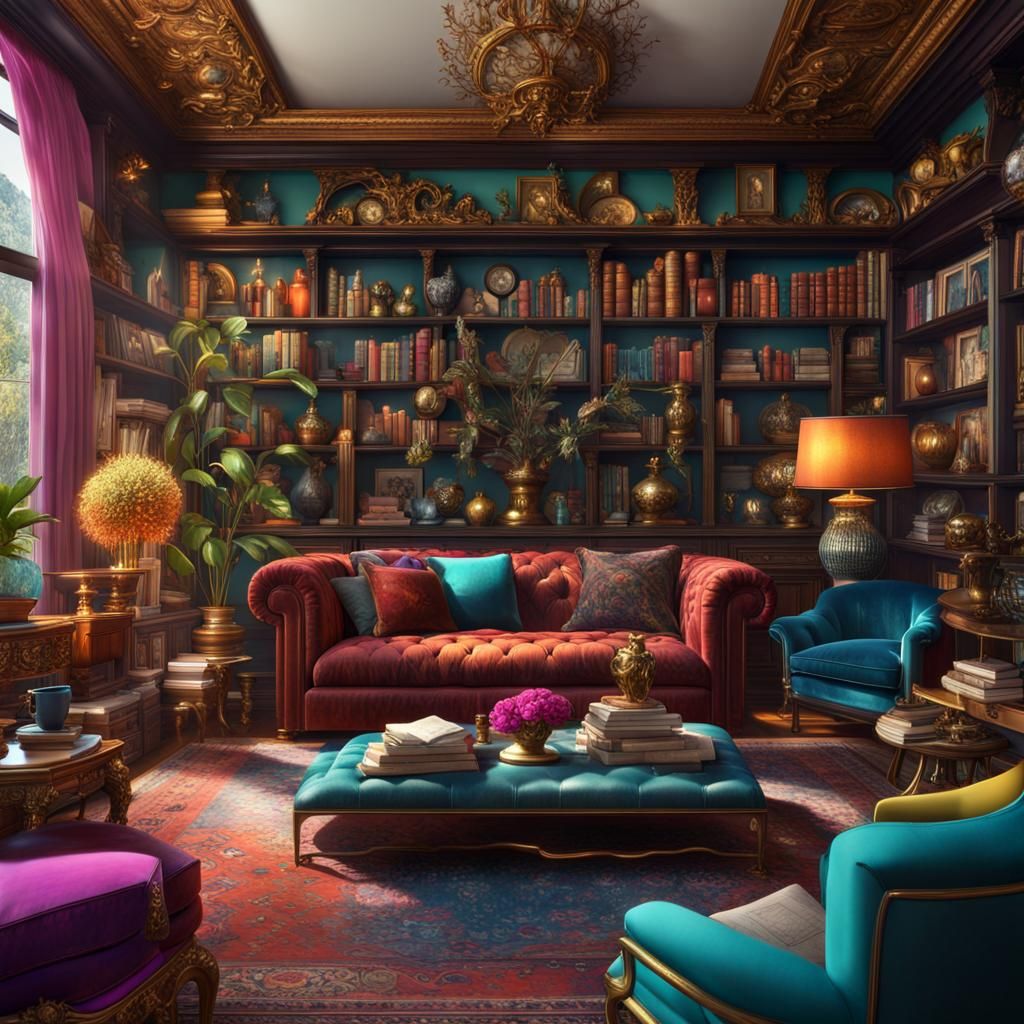 "stylish modern home interior, bookshelves full of art, scul...