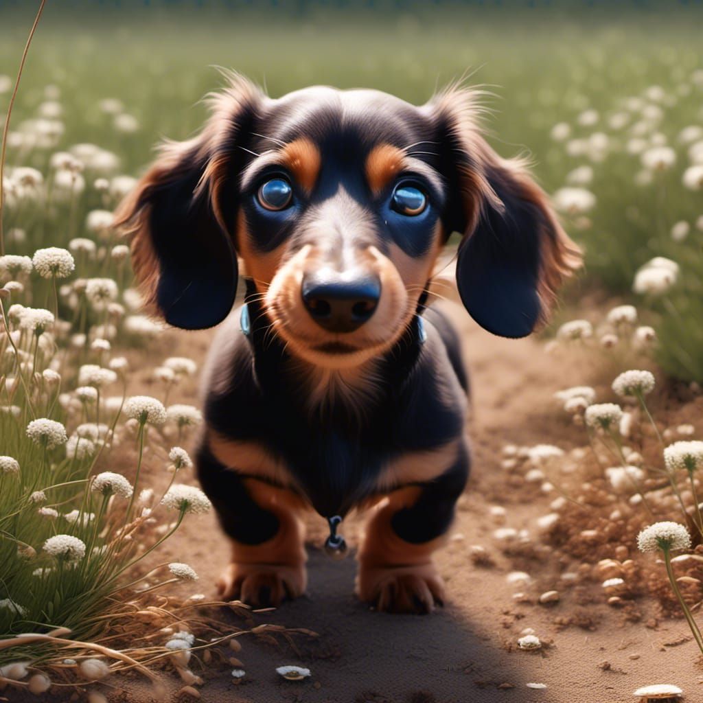 Whimsical Dachshund Puppy with Big Eyes, Oil Painting