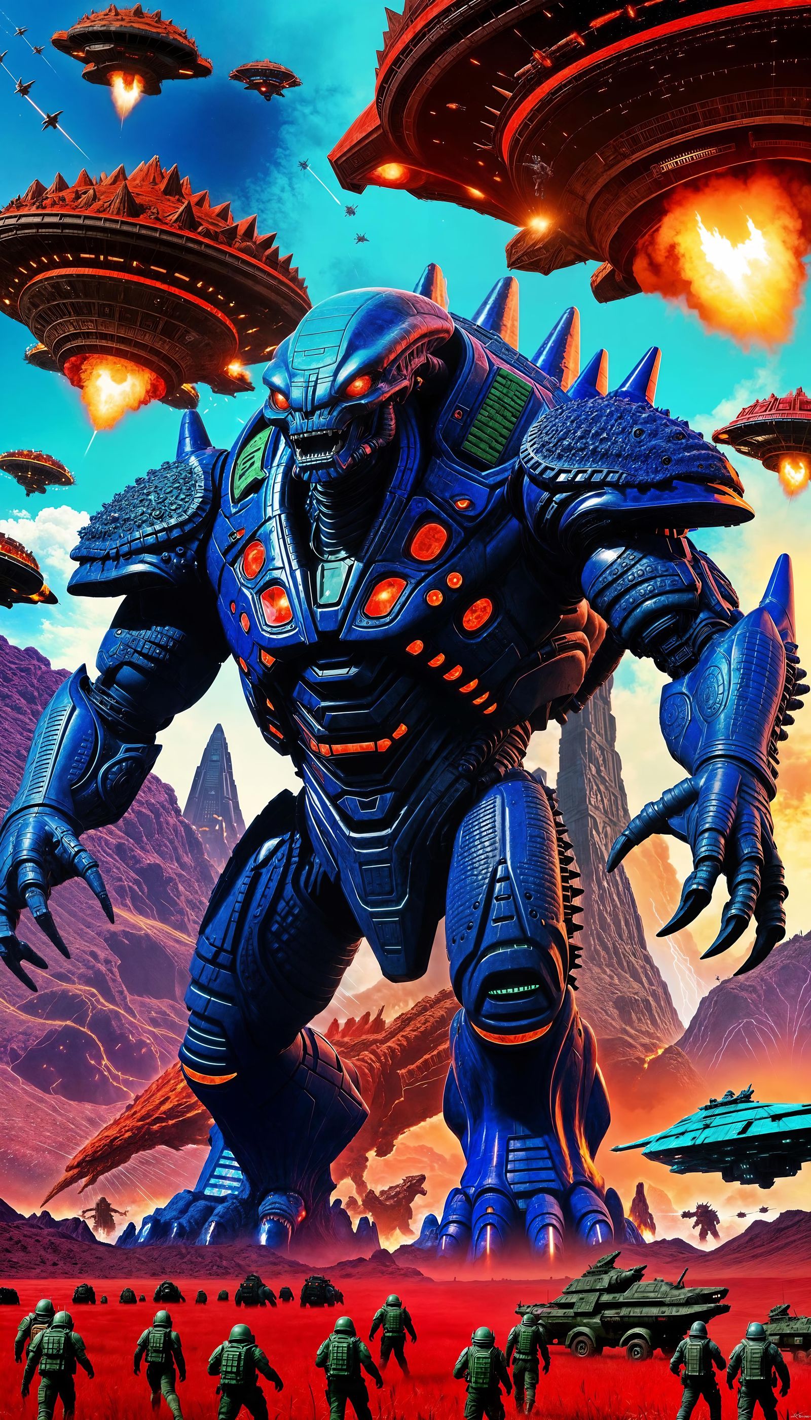 Epic Alien Attack on Blue Kaiju in War Atmosphere