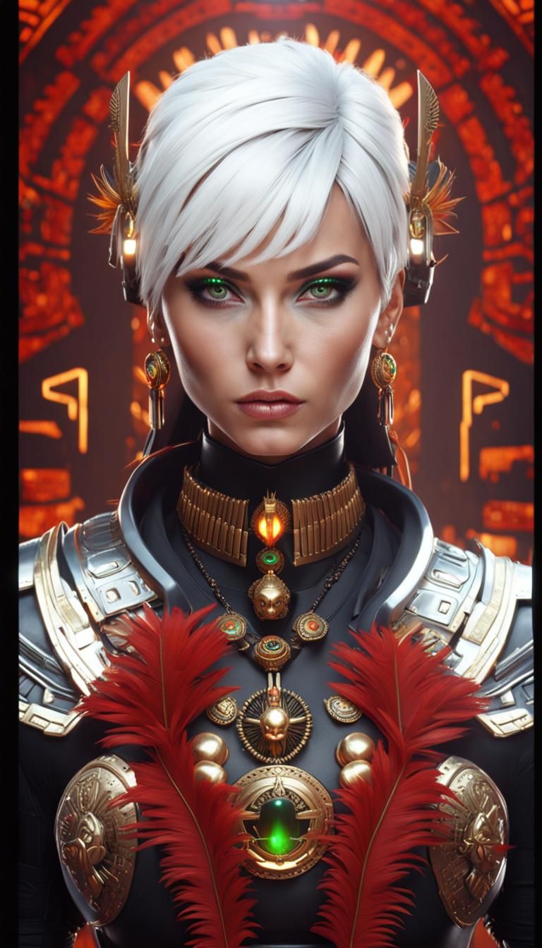 Aztec Warrior Woman with Flaming Sword in Cyberpunk Style
