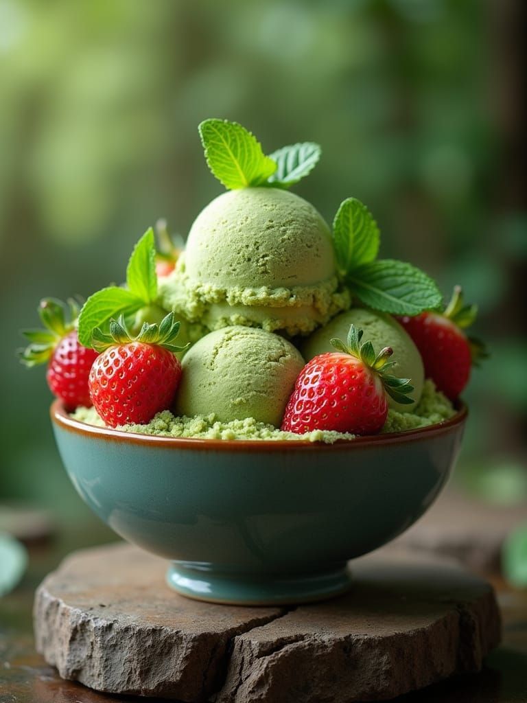 Matcha Ice Cream Masterpiece with Strawberries