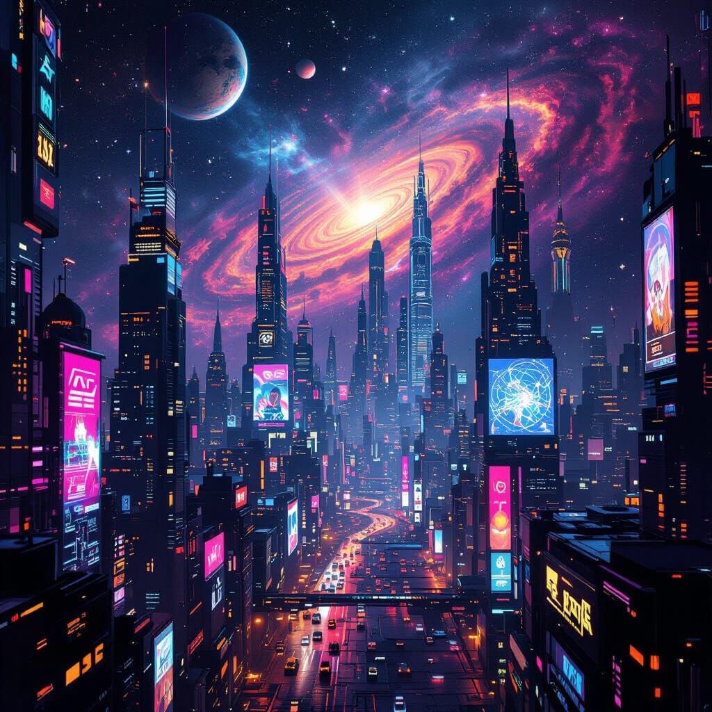 Futuristic Neon Cityscape Amidst Cosmic Wonders